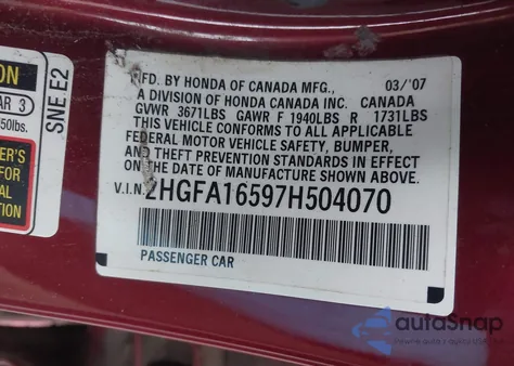 2007 Honda Civic Lx z USA, uszkodzony, nr VIN 2HGFA16597H504070